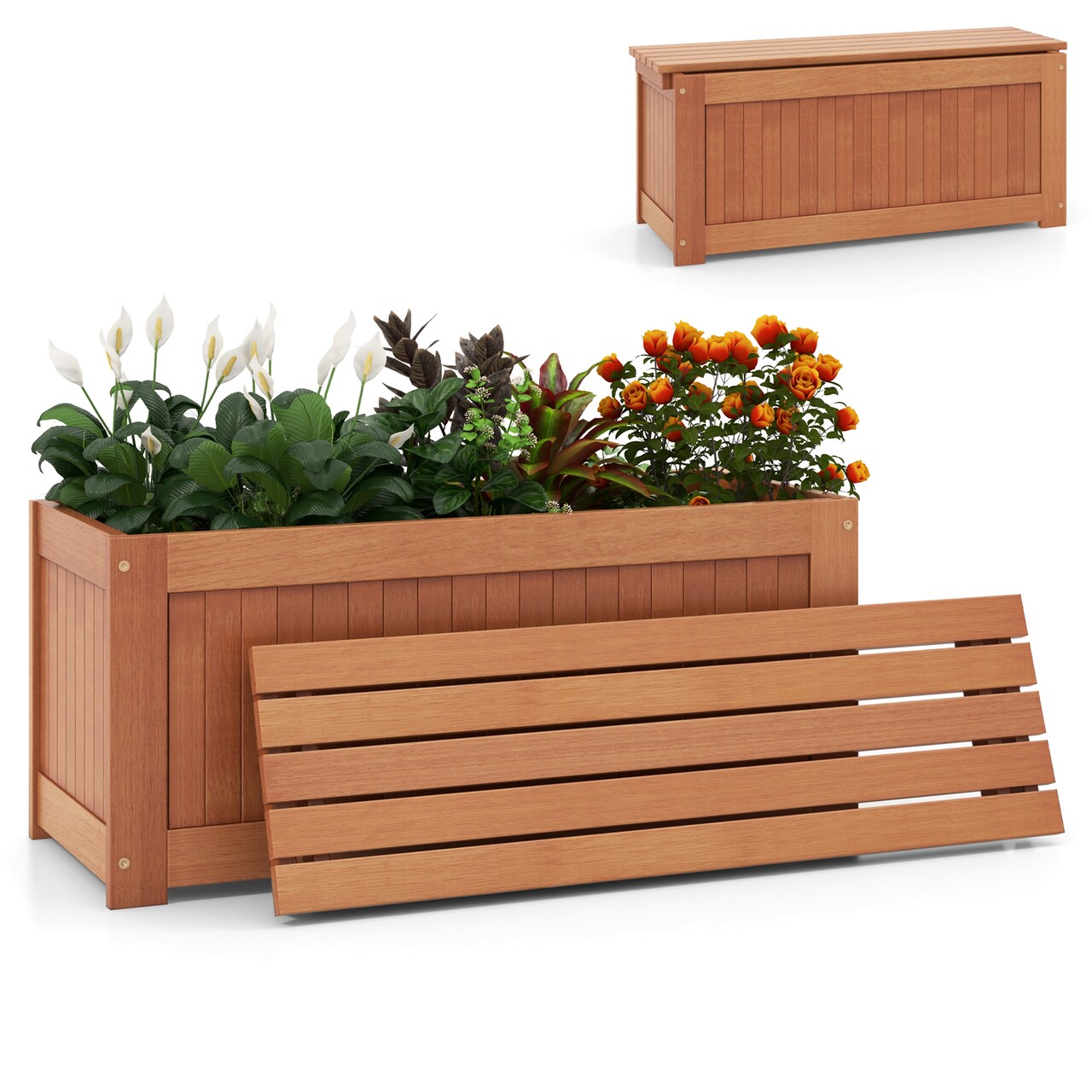 Raised Garden Planter Box with Bench Wooden Outdoor Planter Bed Natural